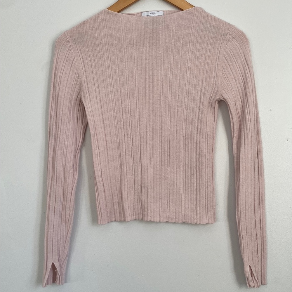 & OTHER STORIES Women's Pastel Pink Ribbed Knit Top 100% Merino Wool